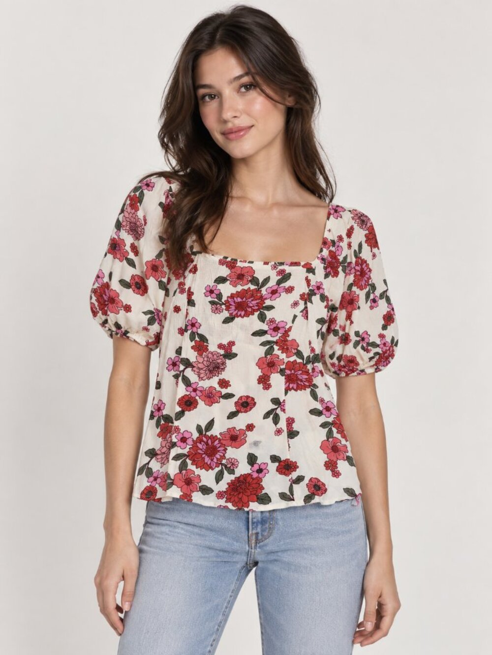 Candace Cameron Bure XS Ivory Floral Puff Sleeve Blouse Boho Chic Square Neck